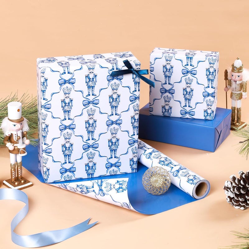LaRibbons Reversible Christmas Wrapping Paper Mini Roll, Blue Nutcracker and Bow Pattern Toile Design, Ideal for Christmas, Holiday, and Seasonal Gift Wrapping, 17" x 33' (46.7 sq. ft) - Image 4